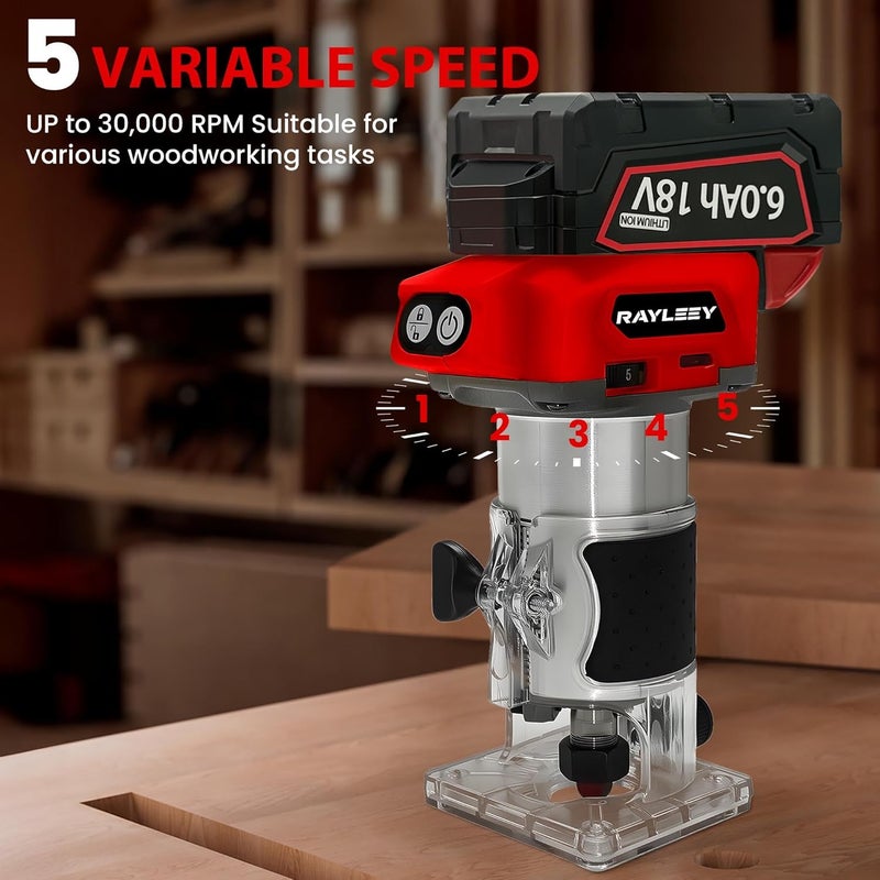 RAYLEEY Cordless Wood Router Trimmer Compatible With MILWAUKEE 18V Battery, 800W 30000 RPM Brushless Motor Hand Palm Router with 15pcs 1/4"Shank Router Bits for Woodworking,Slotting(NO Battery) - Image 2